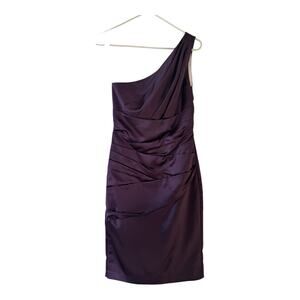 David's Bridal Plum one-shoulder satin bridesmaid cocktail dress. F14212 Size 2